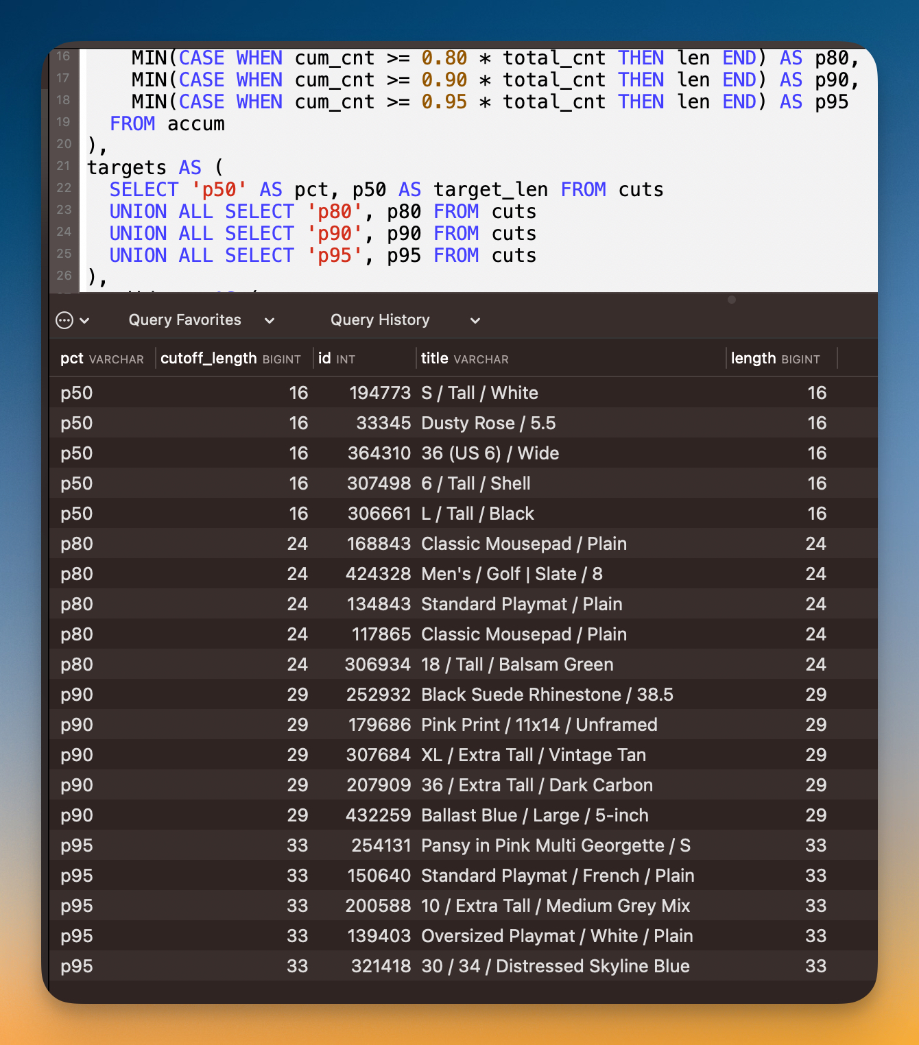 Grabbing examples of our 50/80/90/95 percentile values
